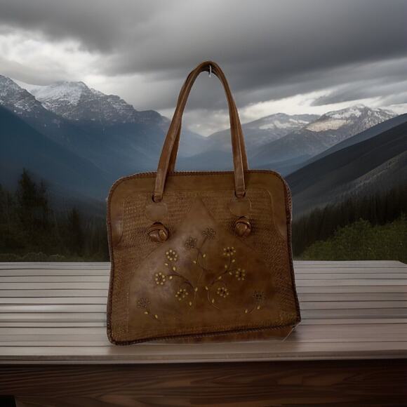 NOS VTG Mexican LATIGO Leather BAG Caramel Hand-Textured and Collaged NEW - Picture 1 of 14